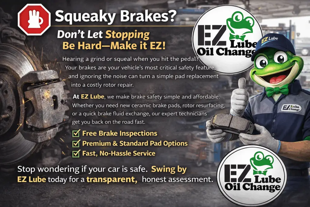 A mechanic in a blue uniform with an "EZ Lube" logo is working on the brake assembly of a grey car raised on a blue hydraulic lift inside a garage. A large white banner above hangs from the ceiling with the black and green "EZ Lube Oil Change" logo featuring a frog. On a workbench in the foreground, there is a white sign with red text that reads "FREE BRAKE INSPECTION," along with various tools and brake pads. The entire scene is framed within a white circle.