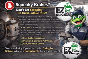 A mechanic in a blue uniform with an "EZ Lube" logo is working on the brake assembly of a grey car raised on a blue hydraulic lift inside a garage. A large white banner above hangs from the ceiling with the black and green "EZ Lube Oil Change" logo featuring a frog. On a workbench in the foreground, there is a white sign with red text that reads "FREE BRAKE INSPECTION," along with various tools and brake pads. The entire scene is framed within a white circle.