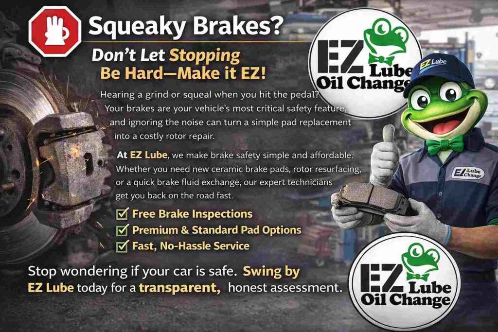 A mechanic in a blue uniform with an "EZ Lube" logo is working on the brake assembly of a grey car raised on a blue hydraulic lift inside a garage. A large white banner above hangs from the ceiling with the black and green "EZ Lube Oil Change" logo featuring a frog. On a workbench in the foreground, there is a white sign with red text that reads "FREE BRAKE INSPECTION," along with various tools and brake pads. The entire scene is framed within a white circle.