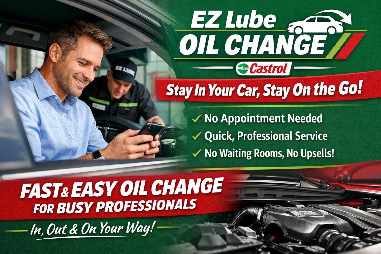 Busy professional staying in his car while receiving a fast drive-thru oil change at EZ Lube Oil Change with Castrol motor oil