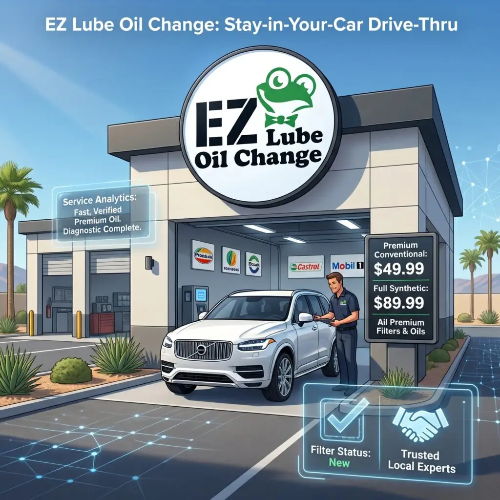 Detailed illustration of the EZ Lube Oil Change drive-thru facility in Palmdale. Features a technician inspecting a white Volvo SUV. Main circular logo with a smiling frog and 'EZ Lube Oil Change' text is prominent. Floating data displays show pricing for Premium Conventional $49.99 and Full Synthetic $89.99 oil changes, along with text about 'Fast, Verified Premium Oil' and 'Trusted Local Experts'.