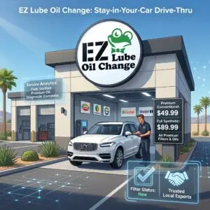 Detailed illustration of the EZ Lube Oil Change drive-thru facility in Palmdale. Features a technician inspecting a white Volvo SUV. Main circular logo with a smiling frog and 'EZ Lube Oil Change' text is prominent. Floating data displays show pricing for Premium Conventional $49.99 and Full Synthetic $89.99 oil changes, along with text about 'Fast, Verified Premium Oil' and 'Trusted Local Experts'.